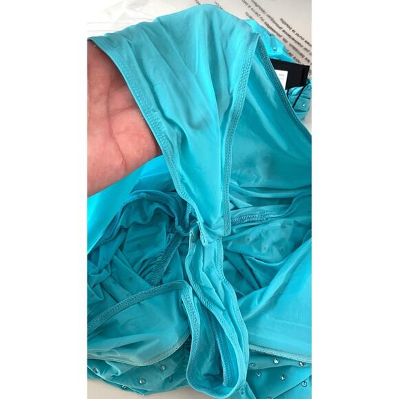 Alex Perry Crystal Embellished Ruched Jersey Long Sleeve Blue Mini Dress Sz 4 - Picture 12 of 15